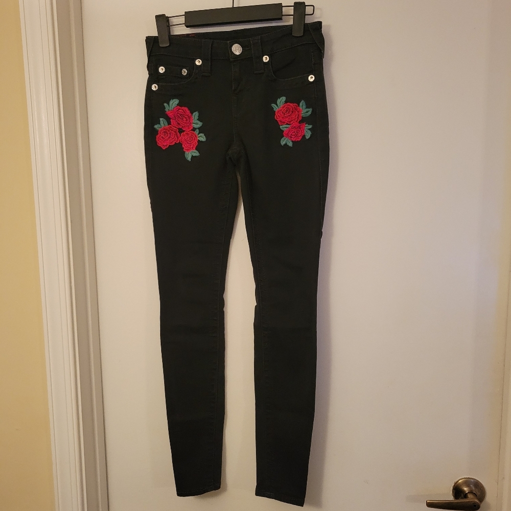 True Religion Black Super Skinny Jeans With Rose Embroidery, Size 26